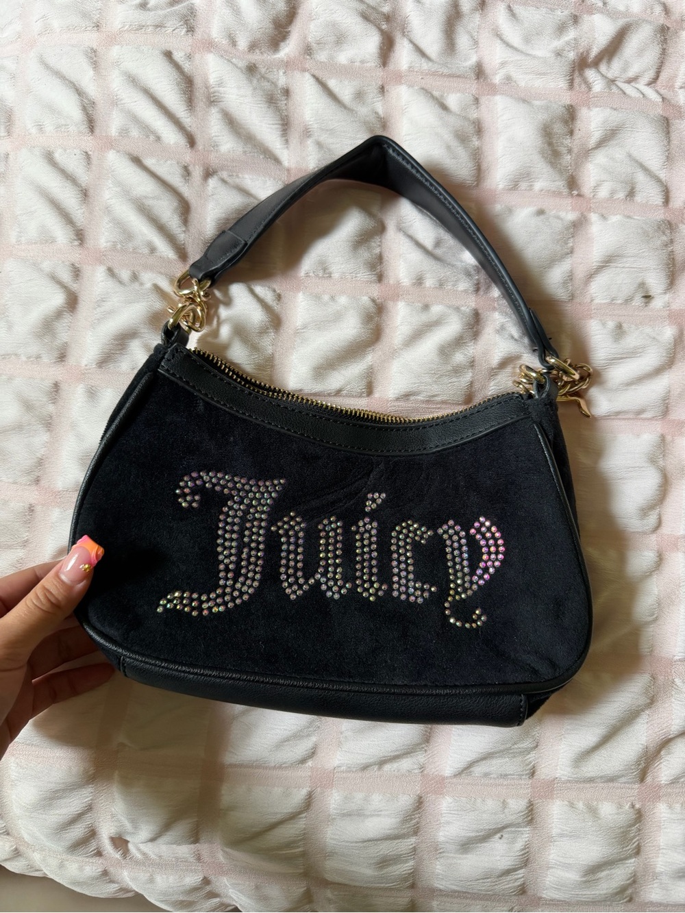 Juicy Couture Black Rhinestone 'Juicy' Logo Suede Shoulder Bag